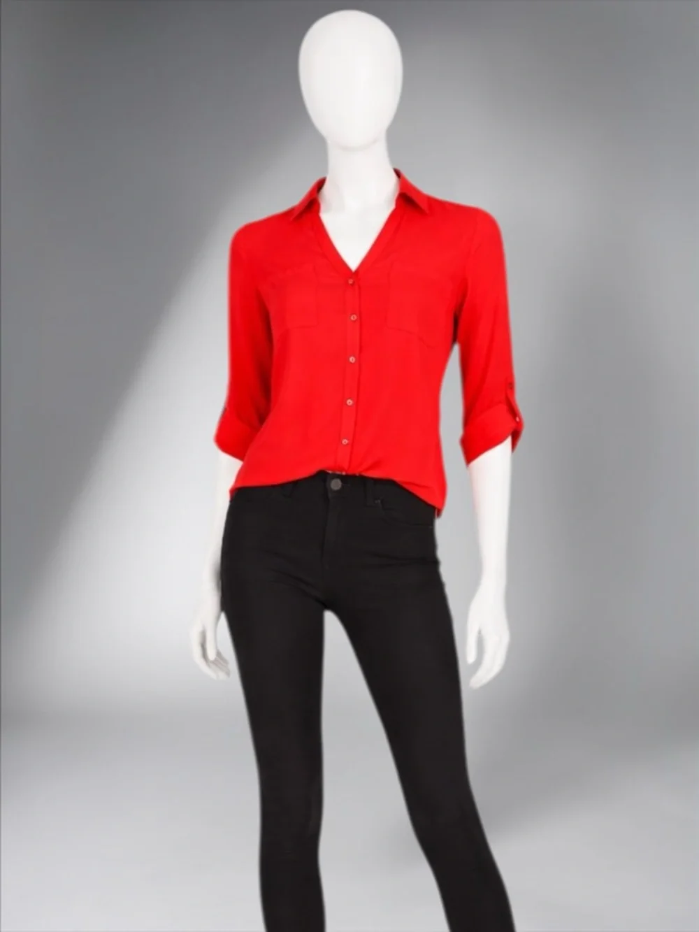 Red Button-Front V-Neck Women's Blouse